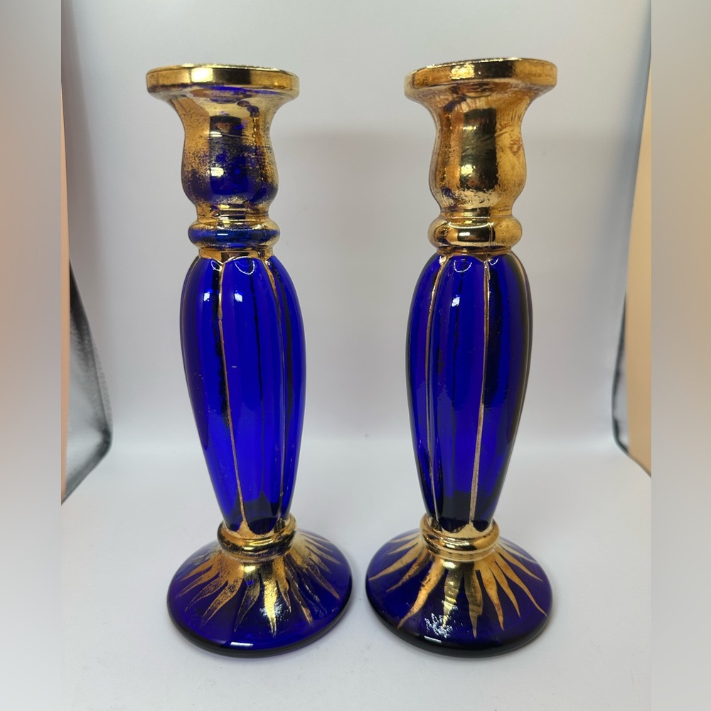 Euroglass Italy bud vases/ candle holders. Cobalt with Gold painted trim.